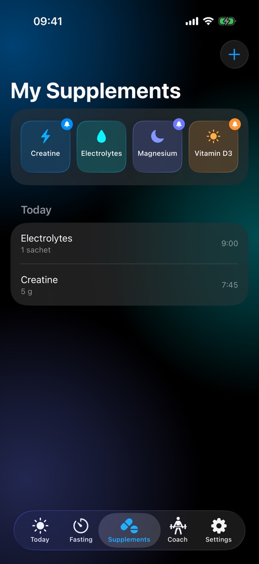 My Supplements: Creatine, Electrolytes, Magnesium and Vitamin D3, three with reminders, and today's log showing creatine at 7:45 and electrolytes at 9:00.